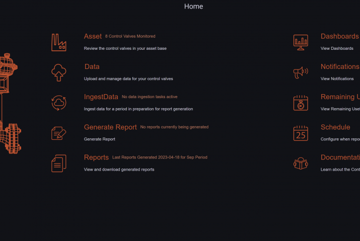 The home screen of the UReason Control Valve App displays various options for monitoring and managing control valves. On the left, icons with labels such as "Asset," "Data," "IngestData," "Generate Report," and "Reports" allow users to review control valves, upload/manage data, ingest data for reports, generate reports, and view/download reports.