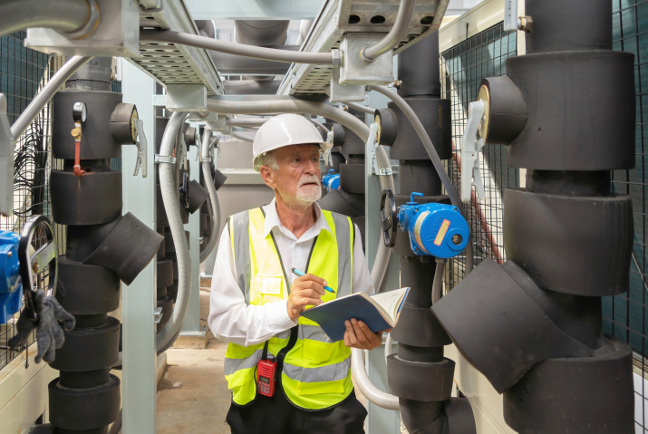 An engineer in a high-visibility vest and hard hat is inspecting industrial equipment in a facility. He is holding a notebook and pen, making observations while surrounded by piping, valves, and control systems. The environment suggests a focus on maintenance or safety checks within a complex mechanical system.