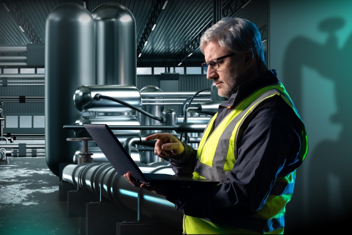 An engineer in a high-visibility vest working on a laptop in an industrial setting, surrounded by large metal pipes and equipment, likely monitoring or managing industrial processes.