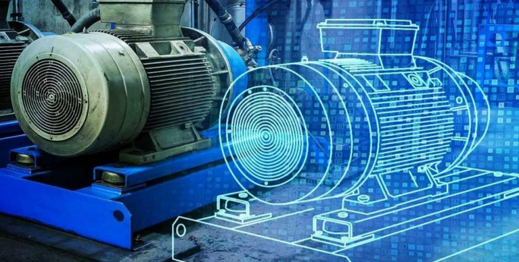 The image features an industrial electric motor on a blue platform. To the right of the physical motor, there is a digital representation of the same motor outlined in blue, displaying a circuit-like design with concentric circular patterns, suggesting a digital twin concept. The background includes abstract binary code graphics, emphasizing the integration of technology and data in monitoring and optimizing industrial machinery.